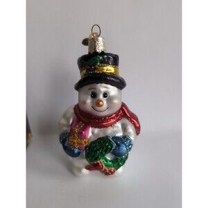 Old World Christmas Ornament Snowman Glitter Wreath And Present Blown Glass Vtg